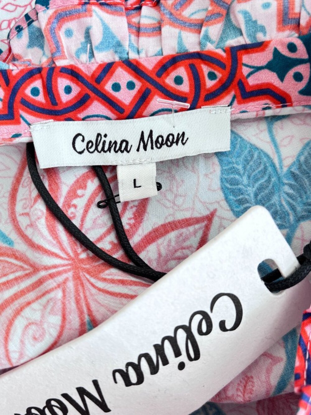 Celina Moon Pink Floral Belted Midi Dress Puff Sleeve Boho Resort Cottagecore - Picture 6 of 6